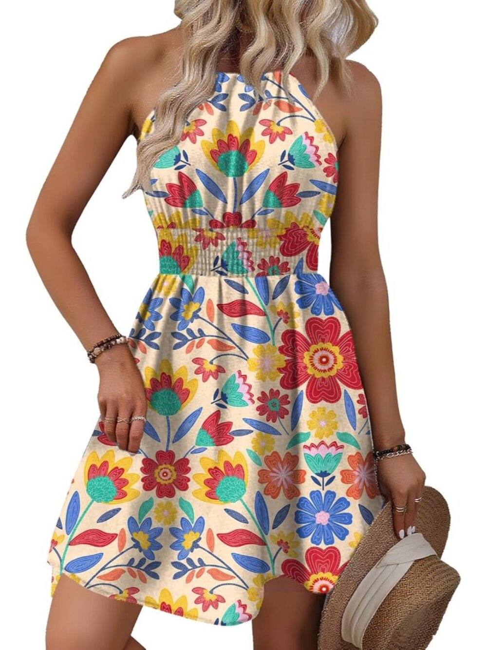 Women's Summer Beach Halter Neck Dresses Multicolor Mini Dress With Pockets